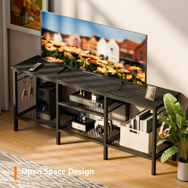Alt view image 5 of 7 - TV Stand, Entertainment Center with Open Shelves, Black Oak | TV Table with Storage Shelves, 4 Hooks, TV Console Up for 55 Inch TVs, TV Stands for Living Room, Bedroom