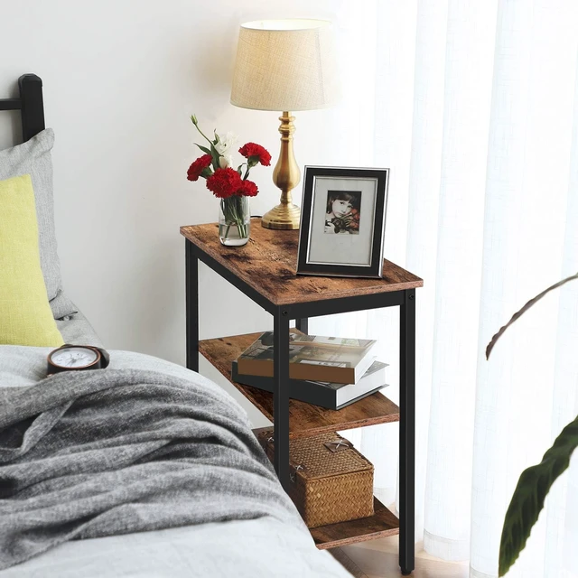 Alt view image 6 of 7 - End Table, Simple Rustic Side Table with 3-Tier Storage Shelf, Narrow Nightstand for Small Spaces, for Living Room, Bedroom,Easy Assembly, Industrial Design, Rustic Brown and Black BF14BZ01