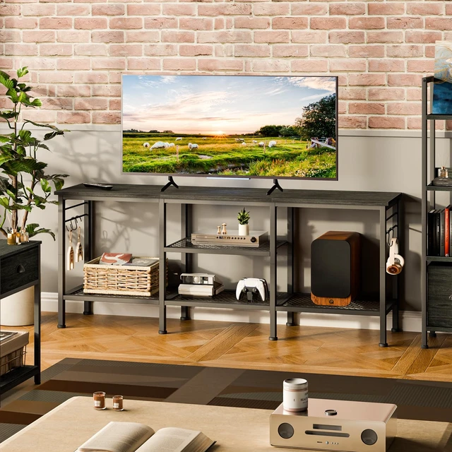 Alt view image 6 of 7 - TV Stand, Entertainment Center with Open Shelves, Black Oak | TV Table with Storage Shelves, 4 Hooks, TV Console Up for 55 Inch TVs, TV Stands for Living Room, Bedroom