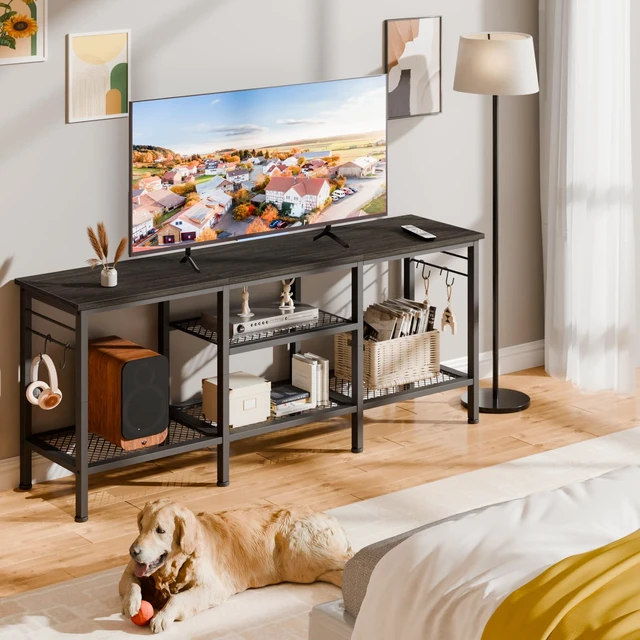 Alt view image 7 of 7 - TV Stand, Entertainment Center with Open Shelves, Black Oak | TV Table with Storage Shelves, 4 Hooks, TV Console Up for 55 Inch TVs, TV Stands for Living Room, Bedroom