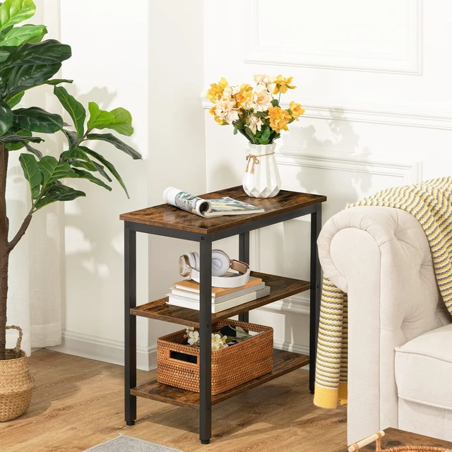 Alt view image 7 of 7 - End Table, Simple Rustic Side Table with 3-Tier Storage Shelf, Narrow Nightstand for Small Spaces, for Living Room, Bedroom,Easy Assembly, Industrial Design, Rustic Brown and Black BF14BZ01