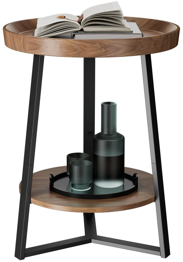Main image of Round End Table with Storage Shelf, Brown | 2 Tier Farmhouse Side Table, Wood Tabletop, Metal Frame, for Living Room, Bedroom, 15.7*15.7*23.0inches