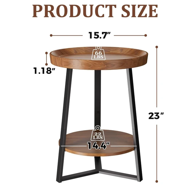 Alt view image 2 of 7 - Round End Table with Storage Shelf, Brown | 2 Tier Farmhouse Side Table, Wood Tabletop, Metal Frame, for Living Room, Bedroom, 15.7*15.7*23.0inches