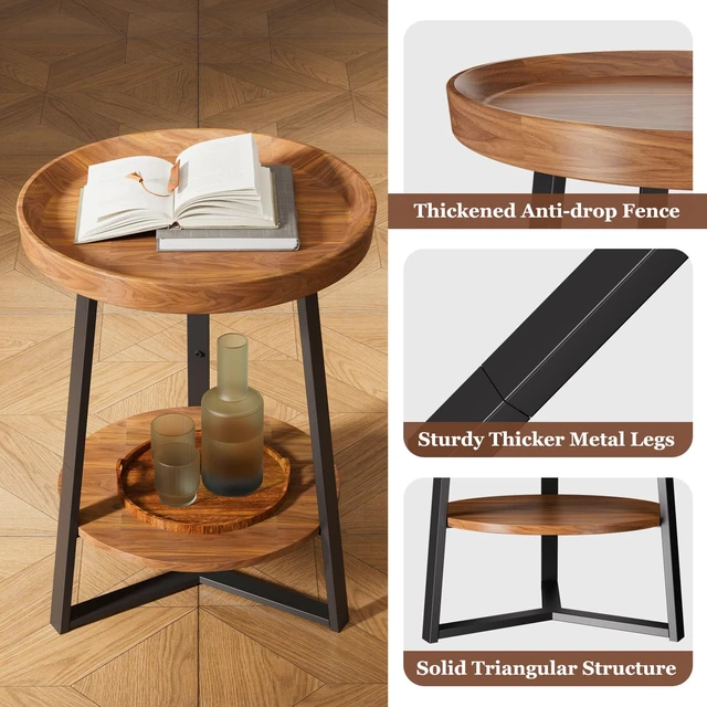 Alt view image 3 of 7 - Round End Table with Storage Shelf, Brown | 2 Tier Farmhouse Side Table, Wood Tabletop, Metal Frame, for Living Room, Bedroom, 15.7*15.7*23.0inches