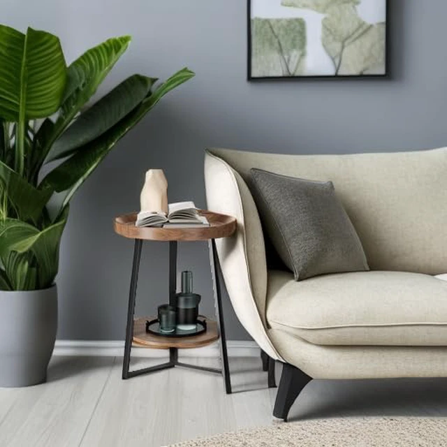 Alt view image 5 of 7 - Round End Table with Storage Shelf, Brown | 2 Tier Farmhouse Side Table, Wood Tabletop, Metal Frame, for Living Room, Bedroom, 15.7*15.7*23.0inches
