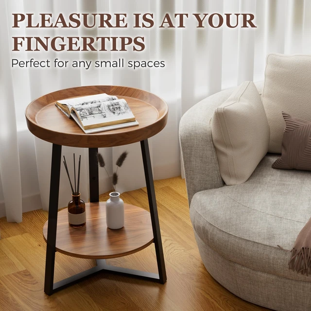 Alt view image 7 of 7 - Round End Table with Storage Shelf, Brown | 2 Tier Farmhouse Side Table, Wood Tabletop, Metal Frame, for Living Room, Bedroom, 15.7*15.7*23.0inches
