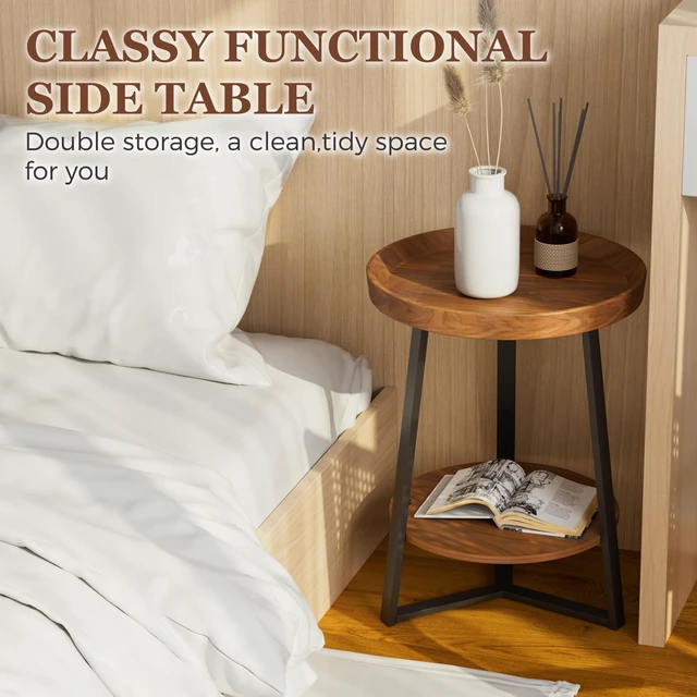 Alt view image 6 of 7 - Round End Table with Storage Shelf, Brown | 2 Tier Farmhouse Side Table, Wood Tabletop, Metal Frame, for Living Room, Bedroom, 15.7*15.7*23.0inches
