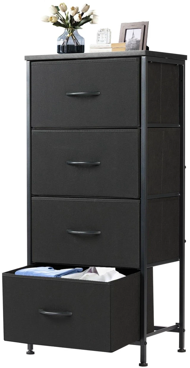Main image of Night Stand with 4 Fabric Drawers, Bedside Table for Bedroom | Night Stand with Removable Bins, Steel Frame Wood Top, Small Dresser for Bedroom Closet