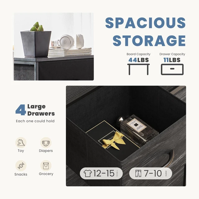 Alt view image 2 of 7 - Night Stand with 4 Fabric Drawers, Bedside Table for Bedroom | Night Stand with Removable Bins, Steel Frame Wood Top, Small Dresser for Bedroom Closet