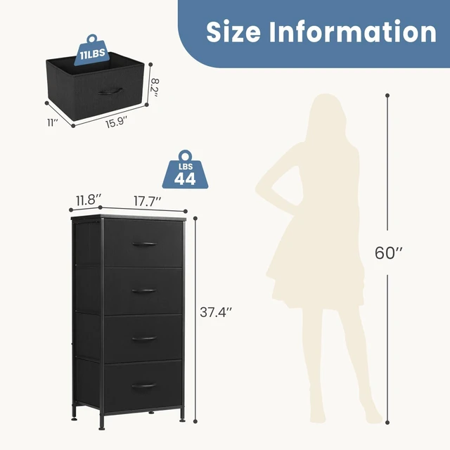 Alt view image 5 of 7 - Night Stand with 4 Fabric Drawers, Bedside Table for Bedroom | Night Stand with Removable Bins, Steel Frame Wood Top, Small Dresser for Bedroom Closet