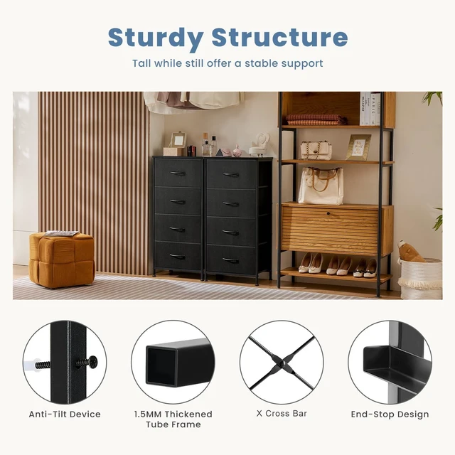Alt view image 7 of 7 - Night Stand with 4 Fabric Drawers, Bedside Table for Bedroom | Night Stand with Removable Bins, Steel Frame Wood Top, Small Dresser for Bedroom Closet