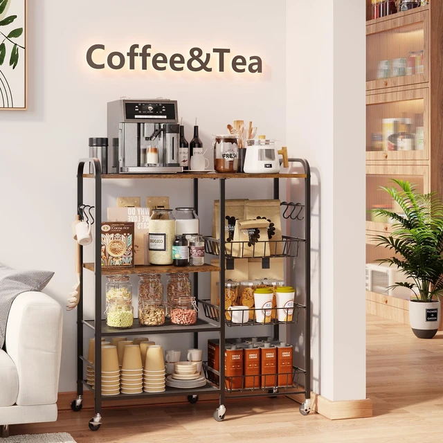 Alt view image 3 of 7 - Rolling Kitchen Microwave Cart - 4 Tier Microwave Table Stand with Pull-Out Baskets, Coffee Bar Baker's Rack with Wheels Rolling Storage Cart Organizer Shelf for Living Room Office, Balcony