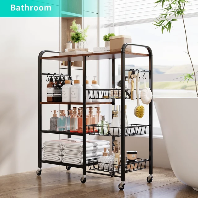 Alt view image 6 of 7 - Rolling Kitchen Microwave Cart - 4 Tier Microwave Table Stand with Pull-Out Baskets, Coffee Bar Baker's Rack with Wheels Rolling Storage Cart Organizer Shelf for Living Room Office, Balcony