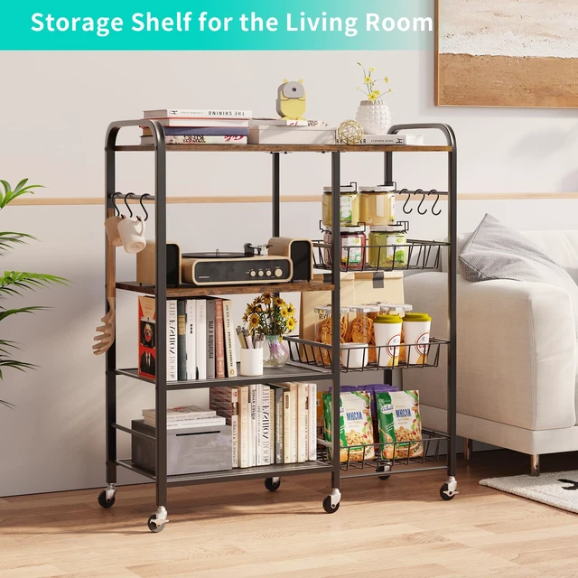 Alt view image 5 of 7 - Rolling Kitchen Microwave Cart - 4 Tier Microwave Table Stand with Pull-Out Baskets, Coffee Bar Baker's Rack with Wheels Rolling Storage Cart Organizer Shelf for Living Room Office, Balcony