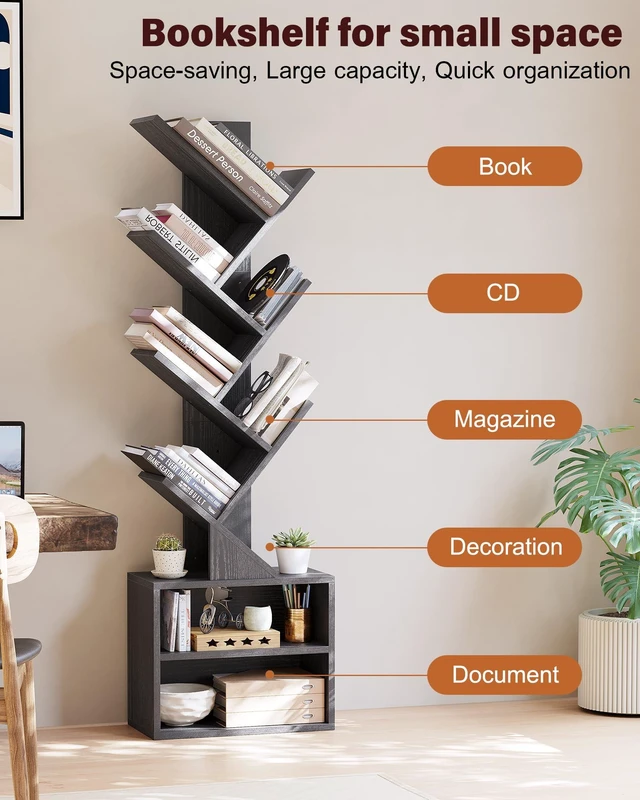 Alt view image 2 of 7 - 6 Tier Tree Bookshelf, Tall Small Bookcase with Storage Cabinet | Modern Narrow Bookshelves Organizer, Floor Standing Book Case Shelf for Bedroom Living Room Home Office Corner, Black