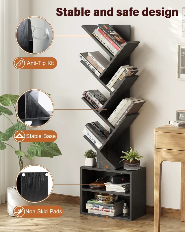 Alt view image 4 of 7 - 6 Tier Tree Bookshelf, Tall Small Bookcase with Storage Cabinet | Modern Narrow Bookshelves Organizer, Floor Standing Book Case Shelf for Bedroom Living Room Home Office Corner, Black