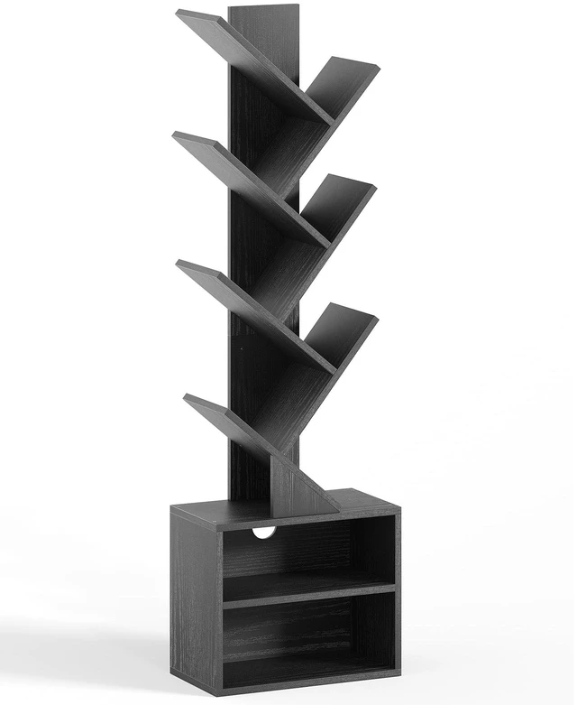 Alt view image 6 of 7 - 6 Tier Tree Bookshelf, Tall Small Bookcase with Storage Cabinet | Modern Narrow Bookshelves Organizer, Floor Standing Book Case Shelf for Bedroom Living Room Home Office Corner, Black