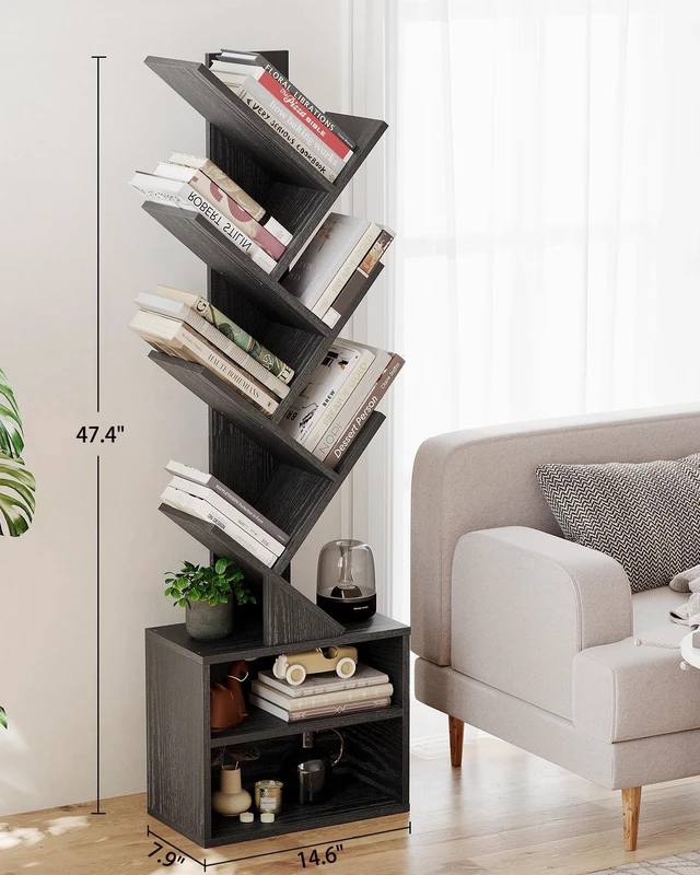 Alt view image 5 of 7 - 6 Tier Tree Bookshelf, Tall Small Bookcase with Storage Cabinet | Modern Narrow Bookshelves Organizer, Floor Standing Book Case Shelf for Bedroom Living Room Home Office Corner, Black