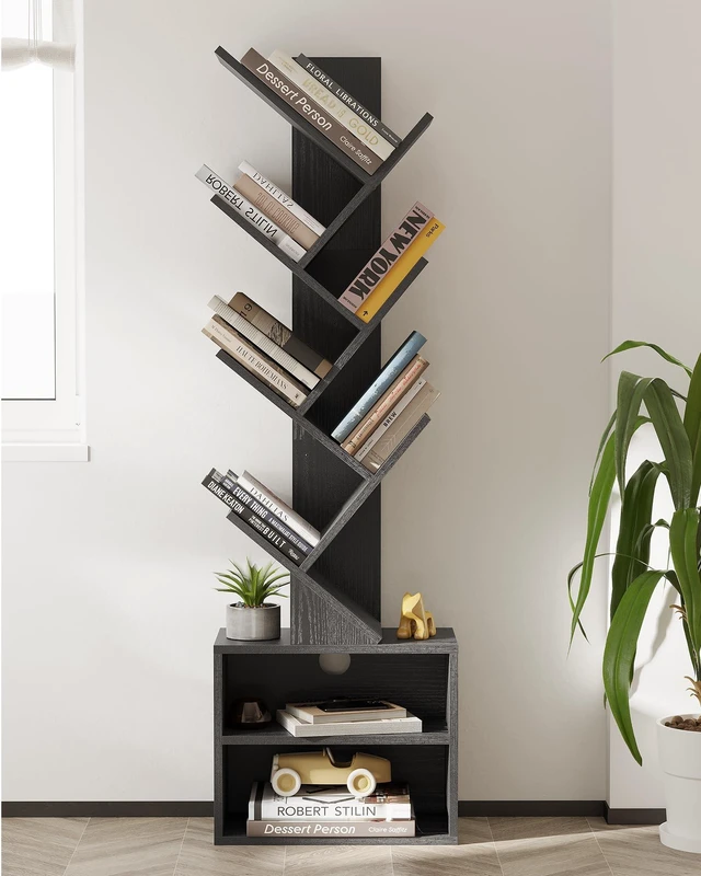 Alt view image 7 of 7 - 6 Tier Tree Bookshelf, Tall Small Bookcase with Storage Cabinet | Modern Narrow Bookshelves Organizer, Floor Standing Book Case Shelf for Bedroom Living Room Home Office Corner, Black