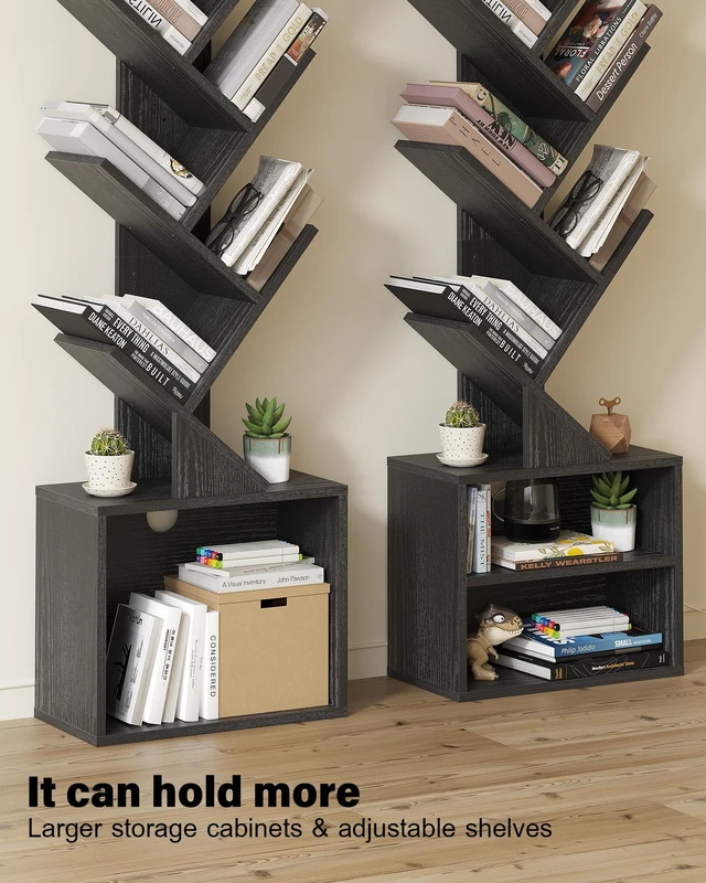 Alt view image 3 of 7 - 6 Tier Tree Bookshelf, Tall Small Bookcase with Storage Cabinet | Modern Narrow Bookshelves Organizer, Floor Standing Book Case Shelf for Bedroom Living Room Home Office Corner, Black