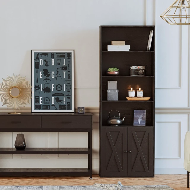 Alt view image 2 of 7 - Industrial Bookshelves and Bookcases with Doors Floor Standing 6 Shelf Display Storage Shelves 70 in Tall Bookcase for Home Office, Living Room