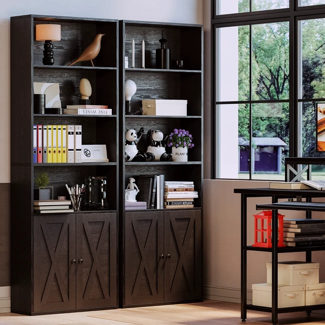 Alt view image 3 of 7 - Industrial Bookshelves and Bookcases with Doors Floor Standing 6 Shelf Display Storage Shelves 70 in Tall Bookcase for Home Office, Living Room