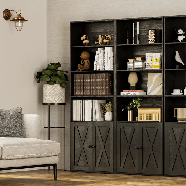 Alt view image 4 of 7 - Industrial Bookshelves and Bookcases with Doors Floor Standing 6 Shelf Display Storage Shelves 70 in Tall Bookcase for Home Office, Living Room