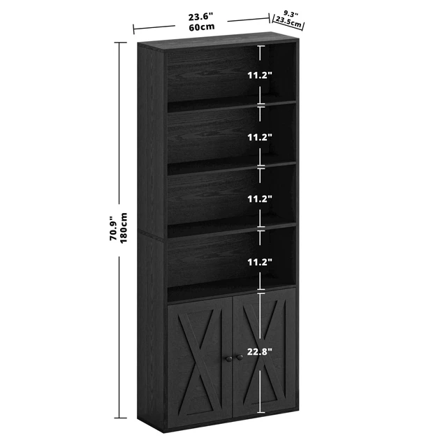 Alt view image 7 of 7 - Industrial Bookshelves and Bookcases with Doors Floor Standing 6 Shelf Display Storage Shelves 70 in Tall Bookcase for Home Office, Living Room