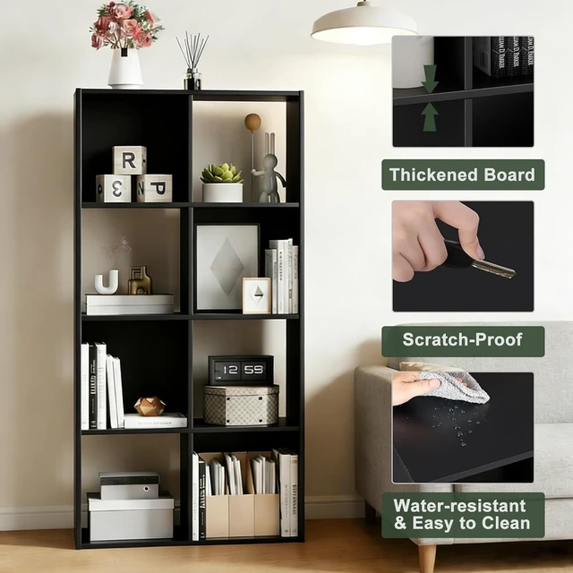 Alt view image 4 of 7 - 8 Cube Storage Organizer Shelf, Open Cube Bookshelf | Reversible Bookcase, Sturdy Modern Storage for Home Office, Bedroom, Living Room, Deep Black