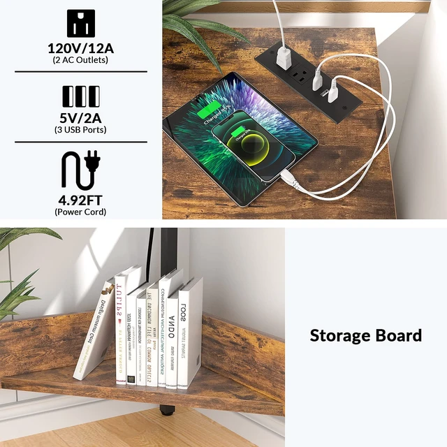 Alt view image 2 of 7 - Corner Small Desk with Outlets Corner Table for Small Space Industrial Computer Desk with USB Ports Triangle Desk with Storage for Home Office, Workstation, Living Room, Bedroom, Rustic