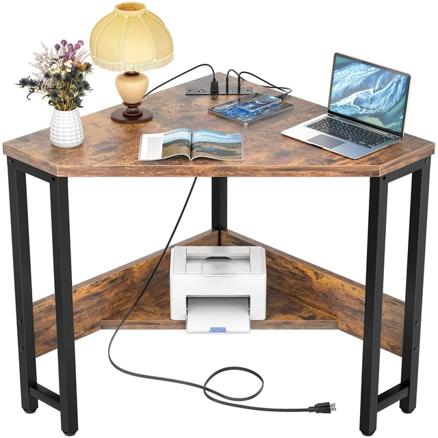 Main image of Corner Small Desk with Outlets Corner Table for Small Space Industrial Computer Desk with USB Ports Triangle Desk with Storage for Home Office, Workstation, Living Room, Bedroom, Rustic