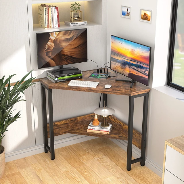 Alt view image 4 of 7 - Corner Small Desk with Outlets Corner Table for Small Space Industrial Computer Desk with USB Ports Triangle Desk with Storage for Home Office, Workstation, Living Room, Bedroom, Rustic