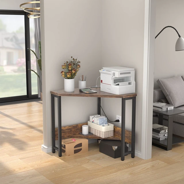Alt view image 5 of 7 - Corner Small Desk with Outlets Corner Table for Small Space Industrial Computer Desk with USB Ports Triangle Desk with Storage for Home Office, Workstation, Living Room, Bedroom, Rustic