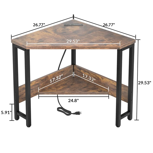 Alt view image 7 of 7 - Corner Small Desk with Outlets Corner Table for Small Space Industrial Computer Desk with USB Ports Triangle Desk with Storage for Home Office, Workstation, Living Room, Bedroom, Rustic