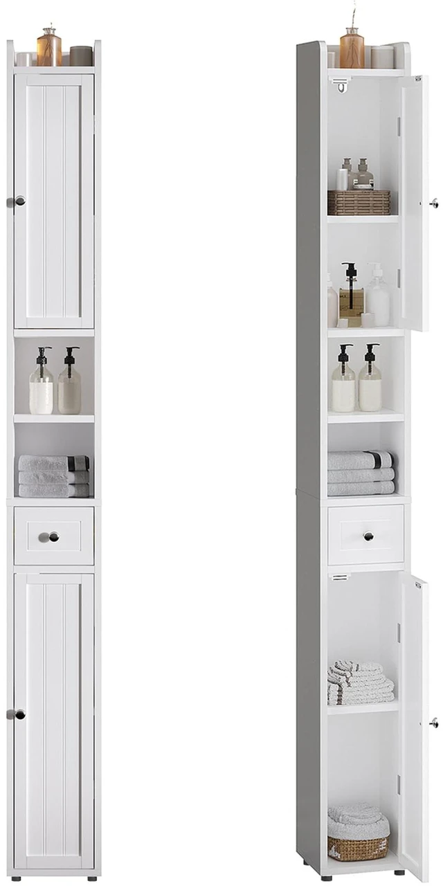 Main image of Narrow Bathroom Storage Cabinet with Adjustable Shelves and Drawer | Tall Slim Storage Cabinet, Freestanding Cupboard for Small Spaces, White