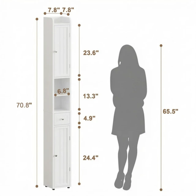 Alt view image 2 of 7 - Narrow Bathroom Storage Cabinet with Adjustable Shelves and Drawer | Tall Slim Storage Cabinet, Freestanding Cupboard for Small Spaces, White