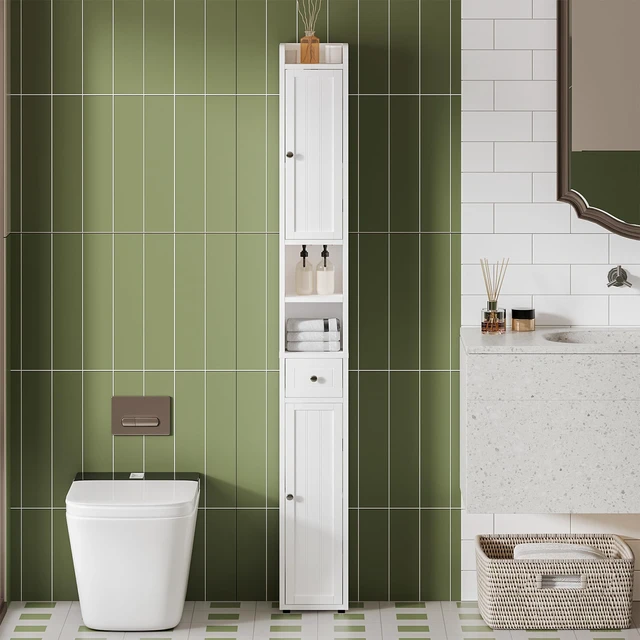 Alt view image 3 of 7 - Narrow Bathroom Storage Cabinet with Adjustable Shelves and Drawer | Tall Slim Storage Cabinet, Freestanding Cupboard for Small Spaces, White