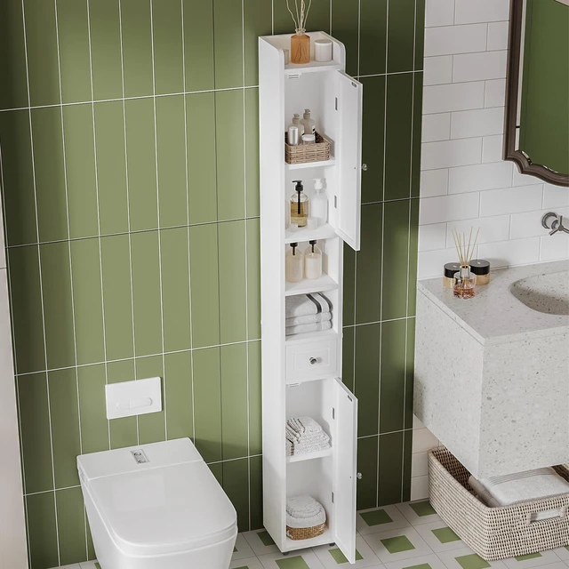 Alt view image 4 of 7 - Narrow Bathroom Storage Cabinet with Adjustable Shelves and Drawer | Tall Slim Storage Cabinet, Freestanding Cupboard for Small Spaces, White