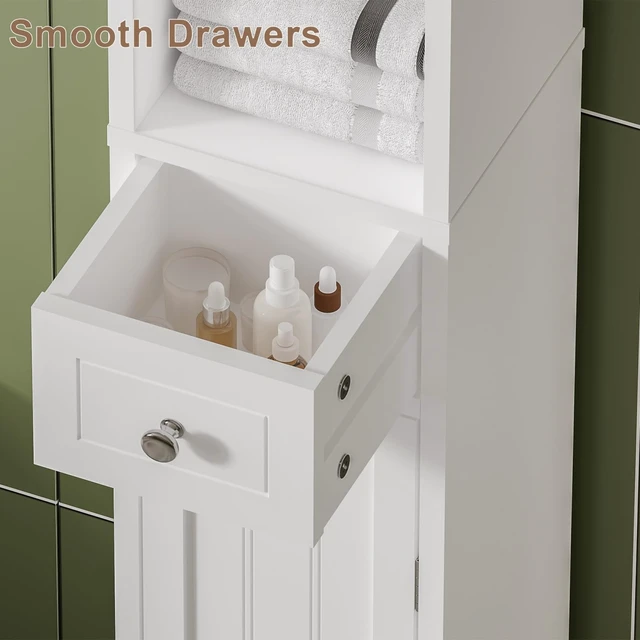 Alt view image 6 of 7 - Narrow Bathroom Storage Cabinet with Adjustable Shelves and Drawer | Tall Slim Storage Cabinet, Freestanding Cupboard for Small Spaces, White
