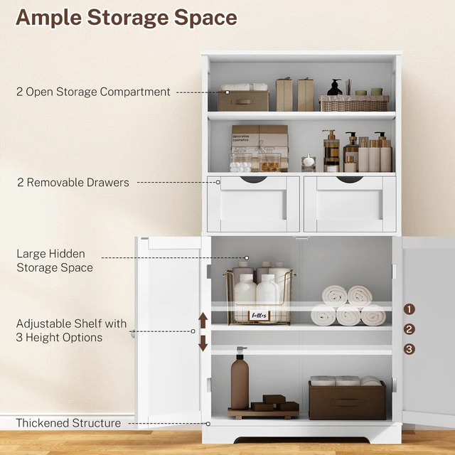 Alt view image 3 of 7 - Tall Bathroom Cabinet, Storage Cabinet with Adjustable Shelves, Bathroom Storage Cabinet for Living Room, Dining Room, Entryway, White