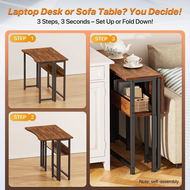Alt view image 3 of 7 - Folding Desk with Storage Shelf, 31.5 Inch Foldable Computer Table | Writing Work Office Computer Desk for Small Spaces, Space Saving Sofa Table for Couch, Easy to Fold, Rustic Brown