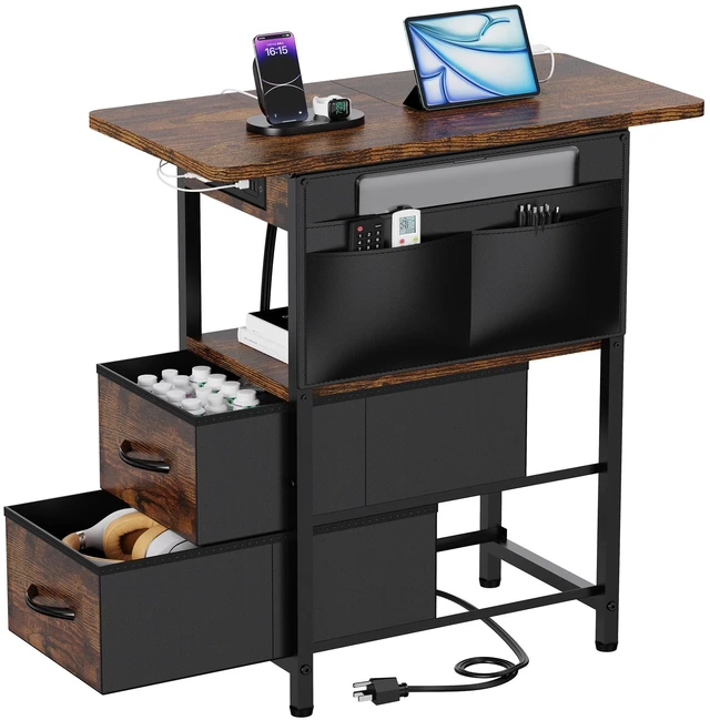 Main image of Small Side Table with Charging Station, Narrow Nightstand Bedside Tables with Storage Pocket for Living Room Bedroom, Sofa End Table with USB Ports and Power Outlets for Small Spaces