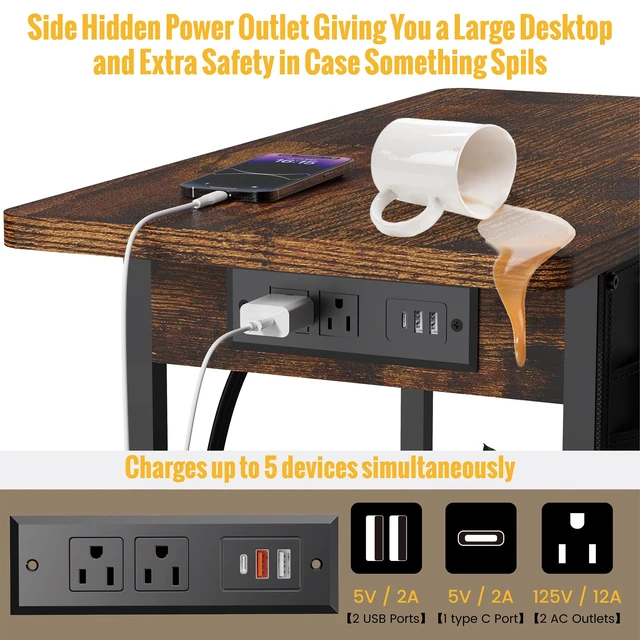 Alt view image 2 of 7 - Small Side Table with Charging Station, Narrow Nightstand Bedside Tables with Storage Pocket for Living Room Bedroom, Sofa End Table with USB Ports and Power Outlets for Small Spaces
