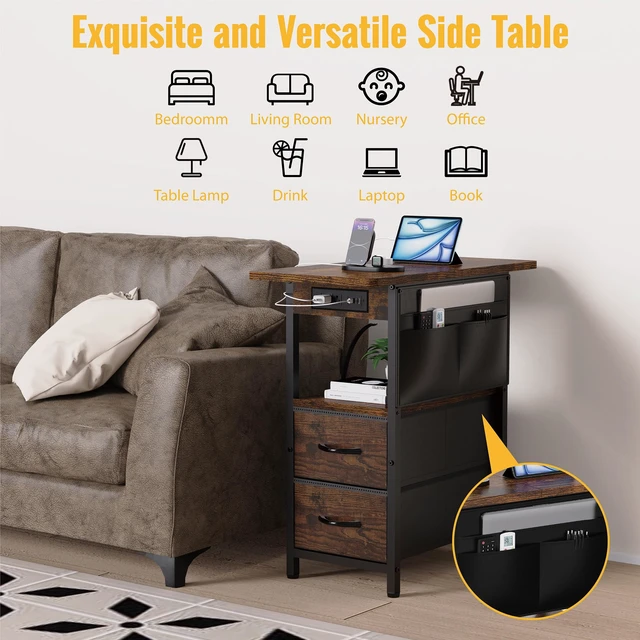 Alt view image 4 of 7 - Small Side Table with Charging Station, Narrow Nightstand Bedside Tables with Storage Pocket for Living Room Bedroom, Sofa End Table with USB Ports and Power Outlets for Small Spaces