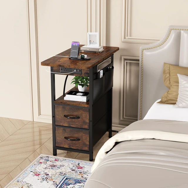 Alt view image 5 of 7 - Small Side Table with Charging Station, Narrow Nightstand Bedside Tables with Storage Pocket for Living Room Bedroom, Sofa End Table with USB Ports and Power Outlets for Small Spaces