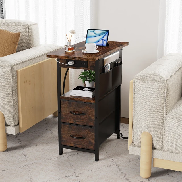 Alt view image 6 of 7 - Small Side Table with Charging Station, Narrow Nightstand Bedside Tables with Storage Pocket for Living Room Bedroom, Sofa End Table with USB Ports and Power Outlets for Small Spaces