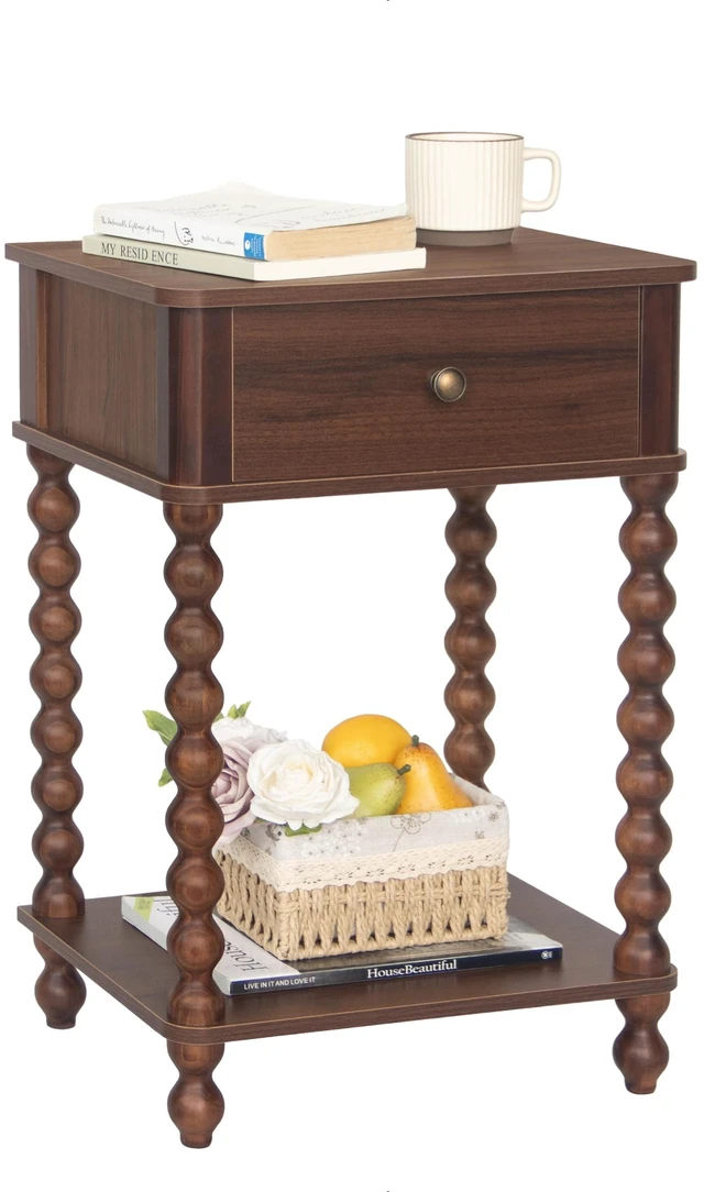 Main image of Walnut Nightstand, Small End Table with Storage for Living Room | Wood Bedside Table with Spindle Wood Legs, Side Table with Drawer and Open Shelf for Bedroom, Office, Walnut Brown