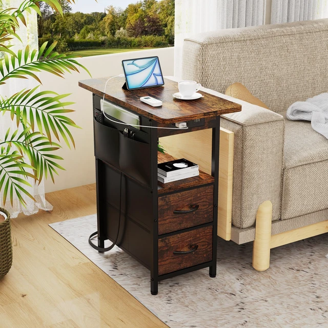 Alt view image 7 of 7 - Small Side Table with Charging Station, Narrow Nightstand Bedside Tables with Storage Pocket for Living Room Bedroom, Sofa End Table with USB Ports and Power Outlets for Small Spaces