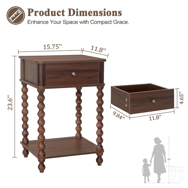 Alt view image 3 of 7 - Walnut Nightstand, Small End Table with Storage for Living Room | Wood Bedside Table with Spindle Wood Legs, Side Table with Drawer and Open Shelf for Bedroom, Office, Walnut Brown