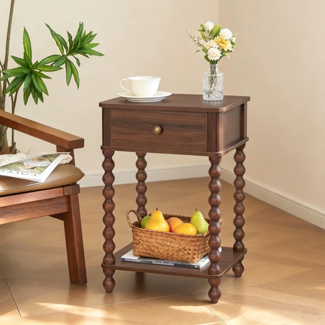 Alt view image 2 of 7 - Walnut Nightstand, Small End Table with Storage for Living Room | Wood Bedside Table with Spindle Wood Legs, Side Table with Drawer and Open Shelf for Bedroom, Office, Walnut Brown